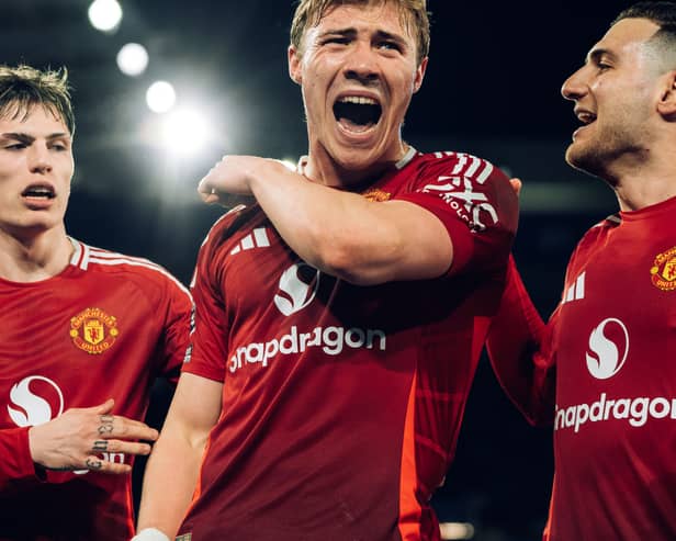 Rasmus Hojlund of Manchester United celebrates scoring their first goal during the Premier League match between Leicester City FC and Manchester United FC at The King Power Stadium on March 16, 2025 in Leicester, England.