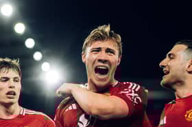 Rasmus Hojlund of Manchester United celebrates scoring their first goal during the Premier League match between Leicester City FC and Manchester United FC at The King Power Stadium on March 16, 2025 in Leicester, England.