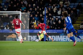 Ayden Heaven of Manchester United in action during the Premier League match between Leicester City FC and Manchester United FC at The King Power Stadium on March 16, 2025 in Leicester, England. 