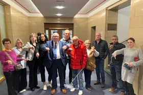 Salford Cllr Robin Garrido (centre, in suit) and objectors to Peel Land\'s Hazelhurst Farm planning application