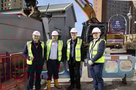 Connell Brothers site manager Mike Dowling (L), Connell Brothers commercial manager Mark Riley (Centre L), Coun Mike McCusker (Centre R), and Identity Consult assistant project manager Mark Coy (R) on site during demolition work in Eccles town centre