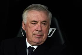 Carlo Ancelotti, Head Coach of Real Madrid, looks on prior to the LaLiga match between Real Madrid CF and CD Leganes at Estadio Santiago Bernabeu on March 29, 2025 in Madrid, Spain. 