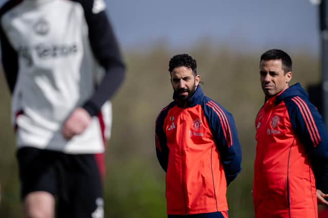 Head Coach Ruben Amorim of Manchester United in action during a first team training session at Carrington Training Ground on March 28, 2025 in Manchester, England.