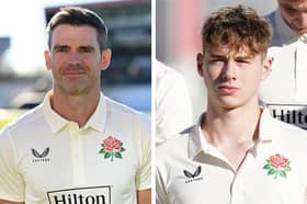 James Anderson (left) and Rocky Flintoff (right) at the Lancashire CCC photocall at Emirates Old Trafford on April 01, 2025. (Photo Getty Images/ PA Wire)
