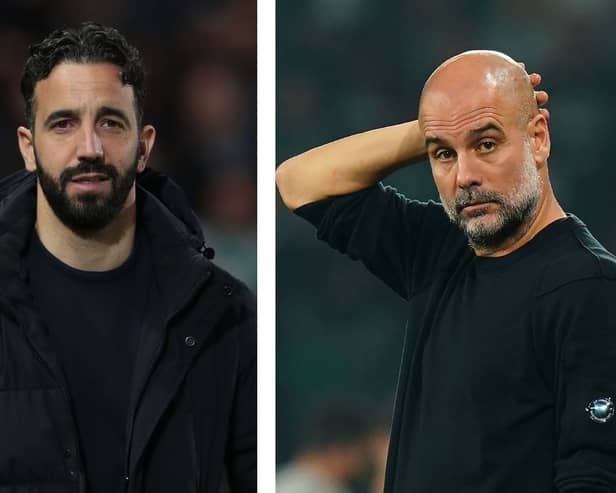 L: Manchester United manager Ruben Amorim. Right: Manchester City manager Pep Guardiola.