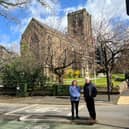 Jackie Campbell and Rev David Murray on the controversial stretch of road outside St Margaret's Church in Altrincham