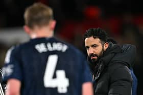 Manchester United's Portuguese head coach Ruben Amorim reacts after the English Premier League football match between Nottingham Forest and Manchester United at The City Ground in Nottingham, central England, on April 1, 2025. 