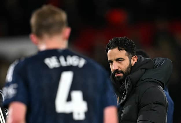 Manchester United's Portuguese head coach Ruben Amorim reacts after the English Premier League football match between Nottingham Forest and Manchester United at The City Ground in Nottingham, central England, on April 1, 2025.