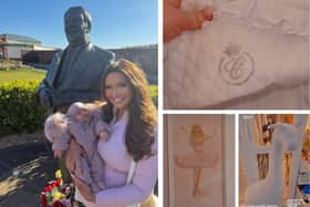 L: Charlotte Dawson and daughter Gigi with Les Dawson's statue. Right: some of the decorations in Gigi's nursery.