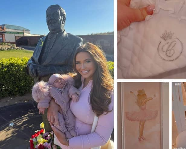 L: Charlotte Dawson and daughter Gigi with Les Dawson's statue. Right: some of the decorations in Gigi's nursery.