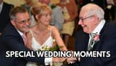 A couple on their wedding day clasping hands with the bride's father