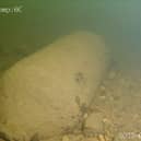 The WW2 bomb found by Adam Makewell and his son Cameron Makewell in the River Ure in Yorkshire.