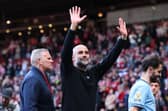 Pep Guardiola, Manager of Manchester City, gestures during the Premier League match between Manchester United FC and Manchester City FC at Old Trafford on April 06, 2025 in Manchester, England.