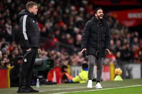 Ruben Amorim, Manager of Manchester United, reacts as Eddie Howe looks on during the Premier League match between Manchester United FC and Newcastle United FC at Old Trafford on December 30, 2024 in Manchester, England. 