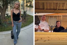 L: Lucy Fallon pictured at the start of April. R: Hanging out with Colson Smith and Ellie Leach yesterday.