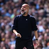 Pep Guardiola, Manager of Manchester City reacts during the Premier League match between Manchester City FC and Crystal Palace FC at Etihad Stadium on April 12, 2025 in Manchester, England. 