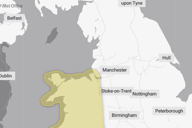 The Met Office says the downpour could lead to flooding when it hits parts of Greater Manchester and Merseyside around 12pm on Tuesday (April 15)