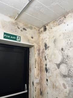 The damage caused by damp at the Manchester City Centre flats where a paddling pool was used to fix a leak