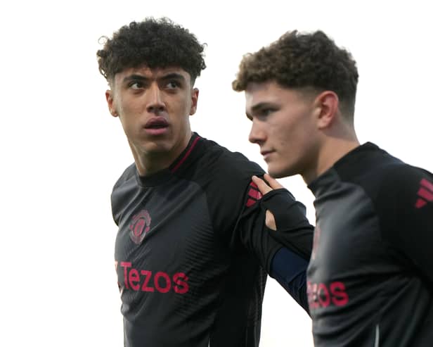 Ethan Wheatley #36 of Manchester United U19 warms up ahead of the match against AZ Alkmaar U19 at AZ Training Centre on November 26, 2024 in Alkmaar, Netherlands. 