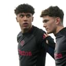 Ethan Wheatley #36 of Manchester United U19 warms up ahead of the match against AZ Alkmaar U19 at AZ Training Centre on November 26, 2024 in Alkmaar, Netherlands. 