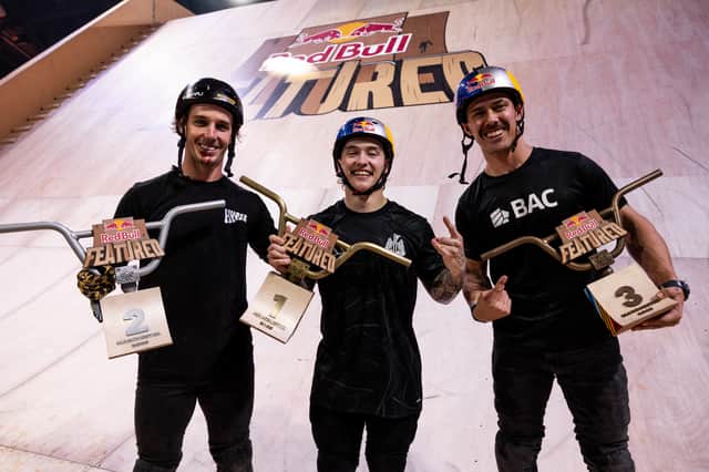 Kieran Reilly, Logan Martin and Kenneth Tencio are seen on the podium at Red Bull Featured in Manchester Central, United Kingdom, on Saturday April 12th, 2025.