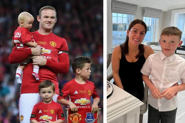 L: Kit Rooney as a baby with his dad Wayne and brothers in 2016. R: with mum Coleen in April this year.