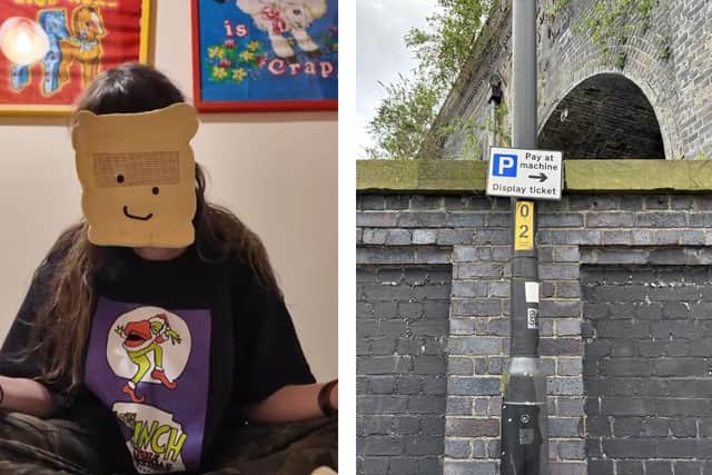 L: Tiktok creator Zoë Bread. R: The controversial sign in question.