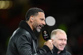 Former Manchester United player, Rio Ferdinand presents on TNT Sports after the UEFA Europa League 2024/25 Quarter Final Second Leg match between Manchester United and Olympique Lyonnais at Old Trafford on April 17, 2025 in Manchester, England.