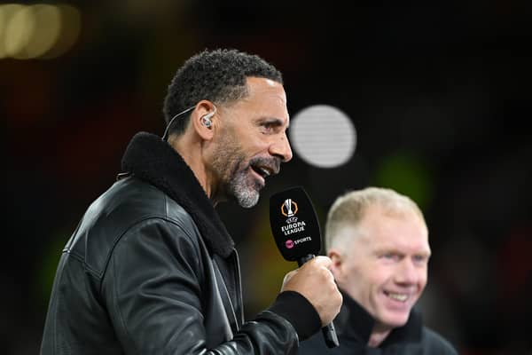 Former Manchester United player, Rio Ferdinand presents on TNT Sports after the UEFA Europa League 2024/25 Quarter Final Second Leg match between Manchester United and Olympique Lyonnais at Old Trafford on April 17, 2025 in Manchester, England.
