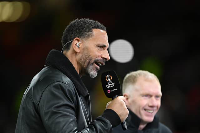 Former Manchester United player, Rio Ferdinand presents on TNT Sports after the UEFA Europa League 2024/25 Quarter Final Second Leg match between Manchester United and Olympique Lyonnais at Old Trafford on April 17, 2025 in Manchester, England.