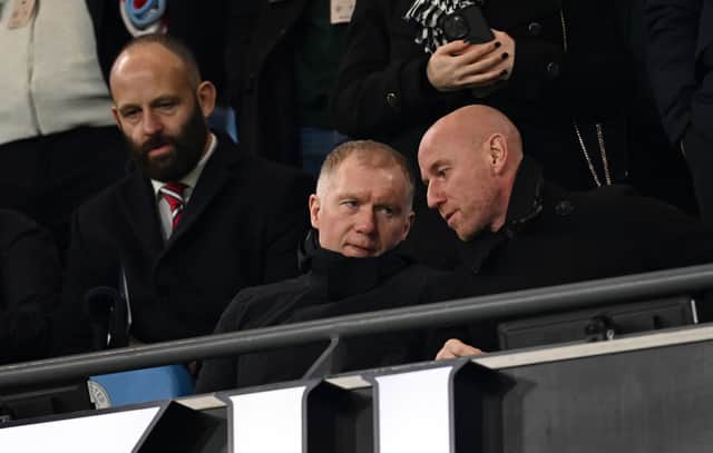 Salford City co-owners Nicky Butt and Paul Scholes are pictured prior to the Emirates FA Cup Third Round match between Manchester City and Salford City at Etihad Stadium on January 11, 2025 in Manchester, England.