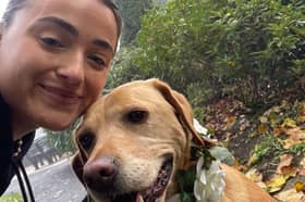 Rebecca McBride, chaperoning a dog.