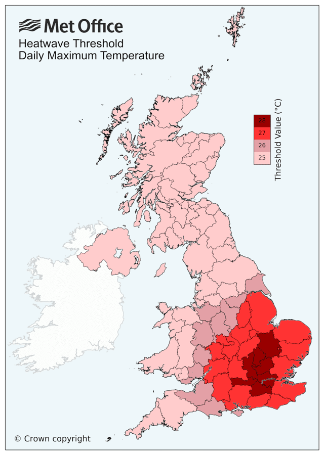 The heatwave threshold varies by UK county