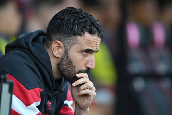 Ruben Amorim, Manager of Manchester United, looks on during the Premier League match between AFC Bournemouth and Manchester United FC at Vitality Stadium on April 27, 2025 in Bournemouth, England. (Photo by Dan Mullan/Getty Images)
