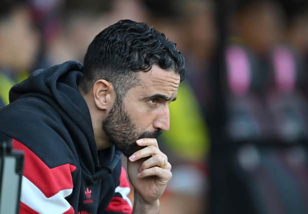 Ruben Amorim, Manager of Manchester United, looks on during the Premier League match between AFC Bournemouth and Manchester United FC at Vitality Stadium on April 27, 2025 in Bournemouth, England. (Photo by Dan Mullan/Getty Images)