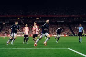  Bruno Fernandes of Manchester United celebrates scoring their third goal during the UEFA Europa League 2024/25 Semi Final First Leg match between Athletic Bilbao and Manchester United at San Mames Stadium on May 01, 2025 in Bilbao, Spain. 