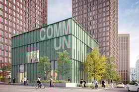 An artist's impression of the proposed Pavilion building on Ordsall Lane, under plans for regeneration at Riverside Retail Park in Salford