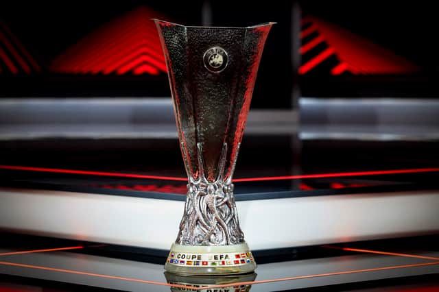 This photograph shows the UEFA Europa League trophy on the stage before the ceremony of the draw for the group stage of the 2024-2025 UEFA Europa League tournament, at the Grimaldi Forum in Monaco on August 30, 2024.