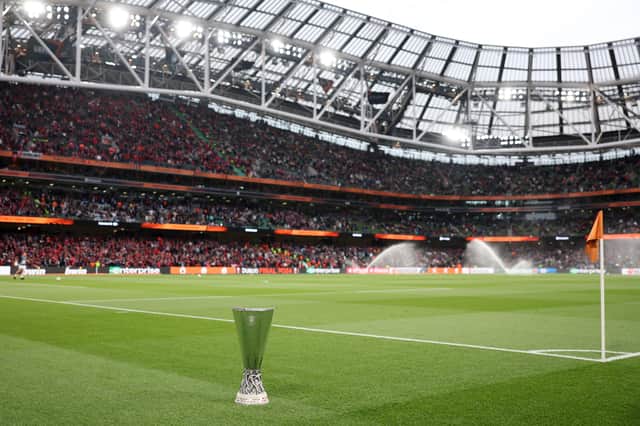 A general view of the inside of the stadium as The UEFA Europa League Trophy is seen prior to the UEFA Europa League 2023/24 final match between Atalanta BC and Bayer 04 Leverkusen at Dublin Arena on May 22, 2024 in Dublin, Ireland.