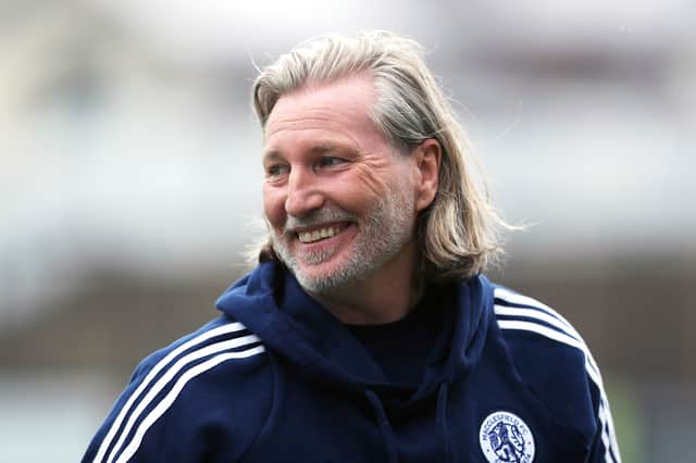 Robbie Savage, Manager of Macclesfield looks on prior to the Pre-Season Friendly match between Macclesfield and Blackburn Rovers XI at Leasing.com Stadium on July 13, 2024 in Macclesfield, England.