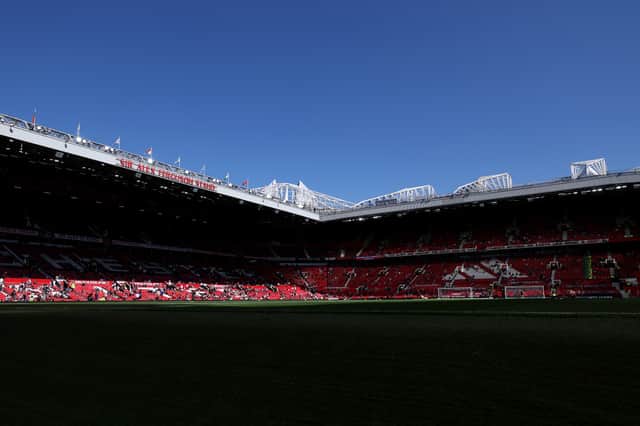 General view inside the stadium prior to the Premier League match between Manchester United FC and Wolverhampton Wanderers FC at Old Trafford on April 20, 2025 in Manchester, England.