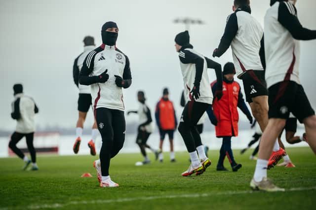 Antony of Manchester United in action during a first team training session at Carrington Training Ground on January 08, 2025 in Manchester, England.