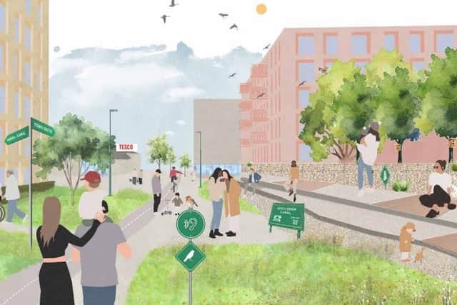 An artist's impression of how Hollinwood Canal Park could look after the Droylsden town masterplan