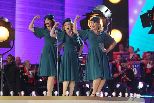 L to R: Emma Barton, Michelle Hardwick and Claire Sweeney performing a tribute to The Andrews Sisters during the concert celebrating the 80th Anniversary of VE Day.