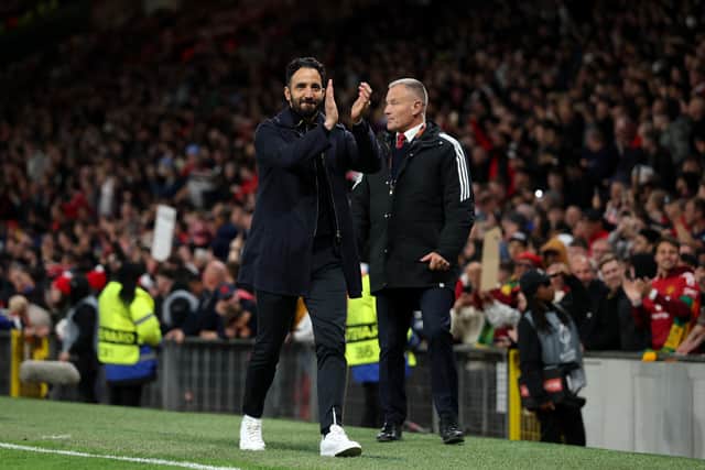 Ruben Amorim, Manager of Manchester United, applauds the fans following the team's victory, placing them in the Europa League final during the UEFA Europa League 2024/25 Semi Final Second Leg match between Manchester United and Athletic Club at Old Trafford on May 08, 2025 in Manchester, England.