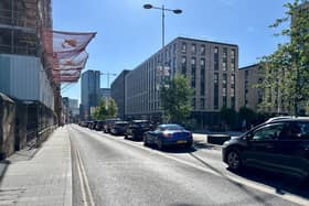 Traffic queuing further up Chapel Street, Salford, due to rush hour and roadworks