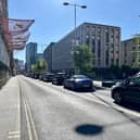 Traffic queuing further up Chapel Street, Salford, due to rush hour and roadworks