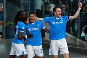 Scott McTominay of Napoli celebrates with Frank Anguissa and Giovanni Di Lorenzo after scoring his sides first goal during the Serie A match between Napoli and Torino at Stadio Diego Armando Maradona on April 27, 2025 in Naples, Italy. 