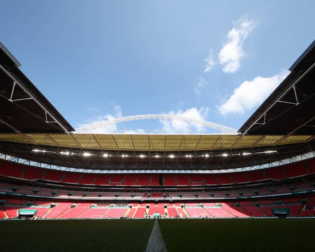 General view inside the stadium prior to the Vertu EFL Trophy Final match between Birmingham City and Peterborough United at Wembley Stadium on April 13, 2025 in London, England.