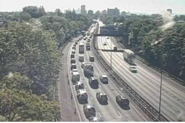 Traffic is backlogged on the M602 eastbound after a multi-vehicle collision closeda lane earlier between J2 and J3 near Trafford Park.